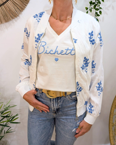Bombers femme blanc fleurs brodées bleu
