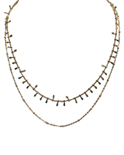 Collier acier double rang vert et doré