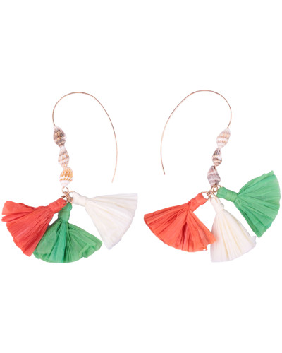 Boucles d'oreilles LOL Descente coquillages, pompons de crepon vert blanc orange