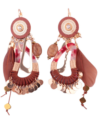 Boucles d'oreilles LOL marron camel et doré ovales marbrés pastilles et plume