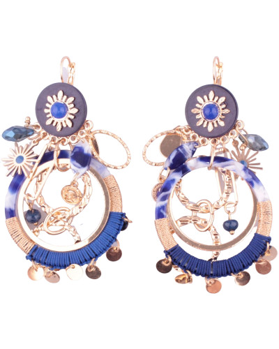 Boucles d'oreilles LOL bleu et doré Anneau Ethnicoli