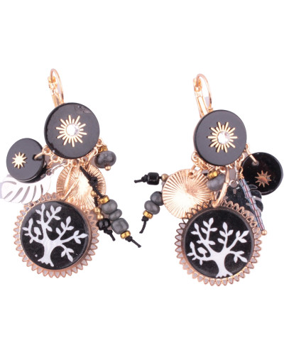 Boucles d'oreilles LOL noires gongs arbre de vie et soleils