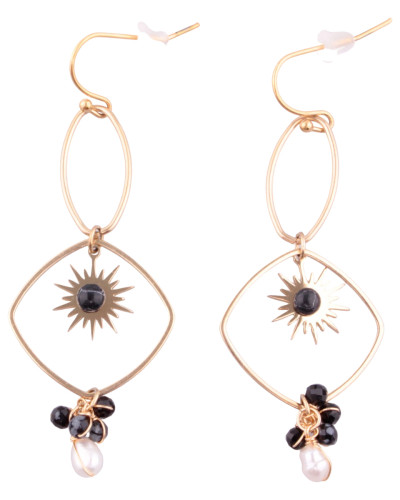 Boucles d'oreilles LOL acier doré Descente solaire perles noires