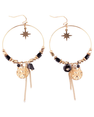 Boucles d'oreilles acier doré anneaux étoile polaire et perles noires