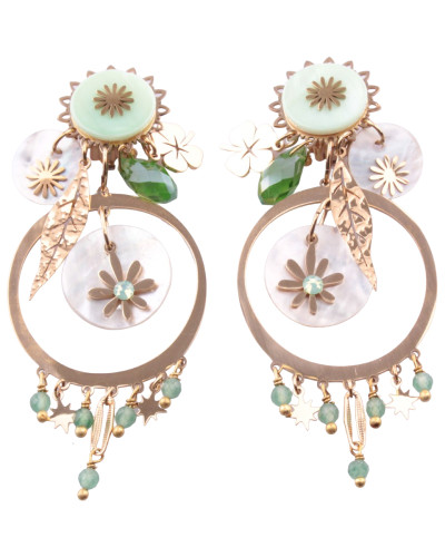 Boucles d'oreilles acier fleurs et trefle dorées et vertes