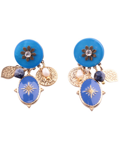 Boucles d'oreilles fleur coeur strass dorées et bleues