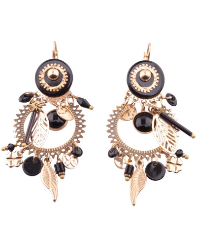 Boucles d'oreilles plume et feuille dorées et noires