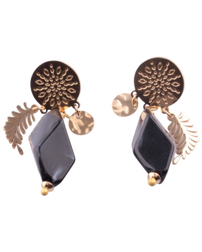 Boucles d'oreilles dorées feuille et pierre noire