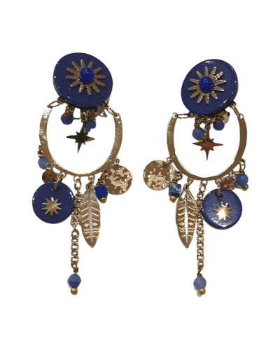 Boucles d'oreilles bleues feuille acier doré