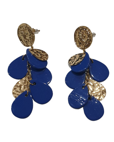 Boucles d'oreilles acier doré goutte martelée et perles bleues