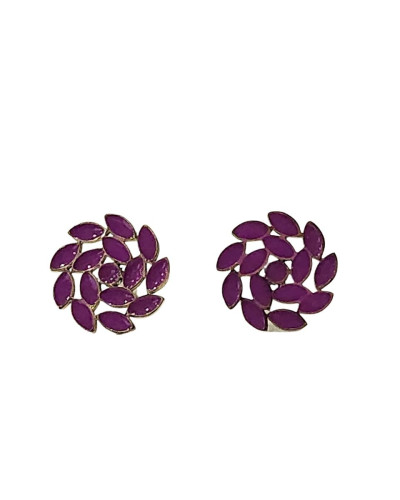 Boucles d'oreilles femme feuille cercle acier doré et émail rose