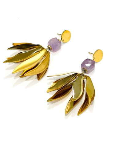 Boucles d'oreilles femme fleur acier doré pierre