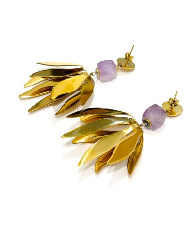 Boucles d'oreilles femme fleur acier doré pierre