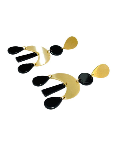 Boucles d'oreilles femme acier doré et perles noires géométriques