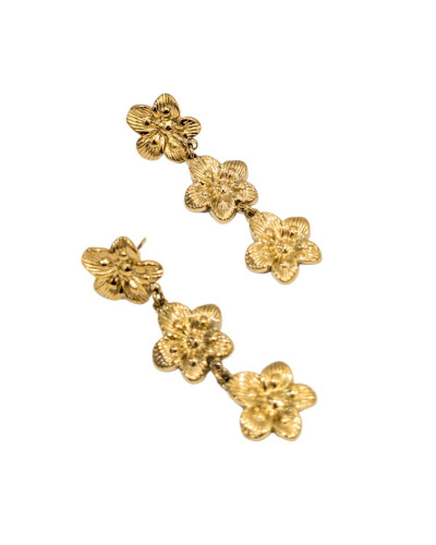 Boucles d'oreilles femme acier doré fleurs pendantes