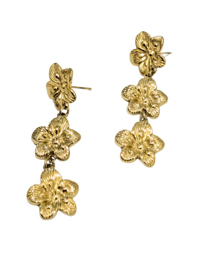 Boucles d'oreilles femme acier doré fleurs pendantes