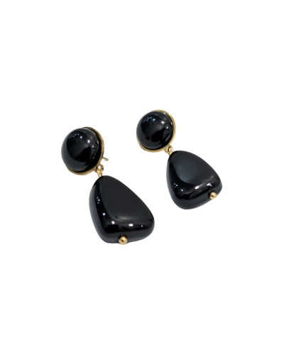 Boucles d'oreilles femme acier doré et pampille noire