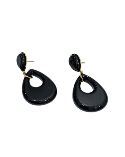 Boucles d'oreilles femme acier doré goutte noire