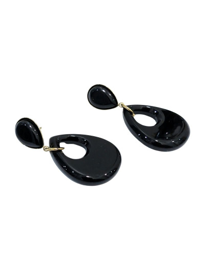 Boucles d'oreilles femme acier doré goutte noire