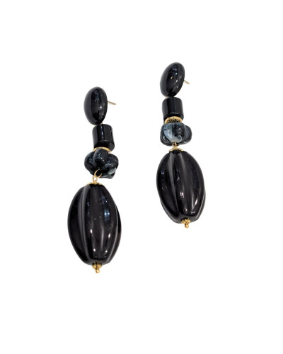 Boucles d'oreilles noires femme acier doré Sasha