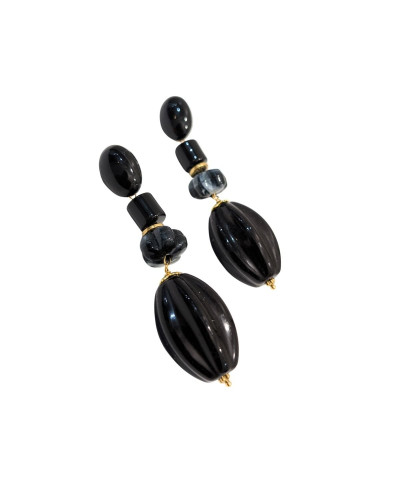 Boucles d'oreilles noires femme acier doré Sasha