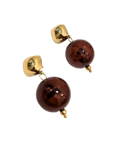 Boucles d'oreilles femme acier doré et boule marron