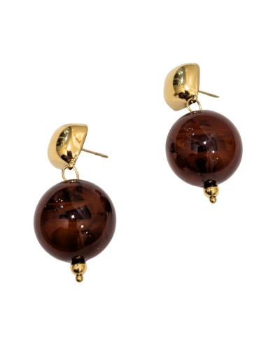 Boucles d'oreilles femme acier doré et boule marron