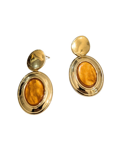 Boucles d'oreilles femme acier doré et ovale orange