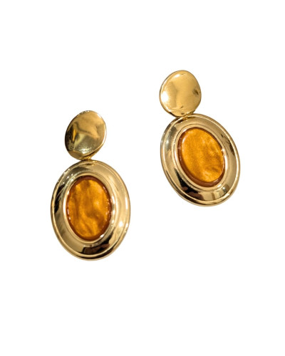 Boucles d'oreilles femme acier doré et ovale orange