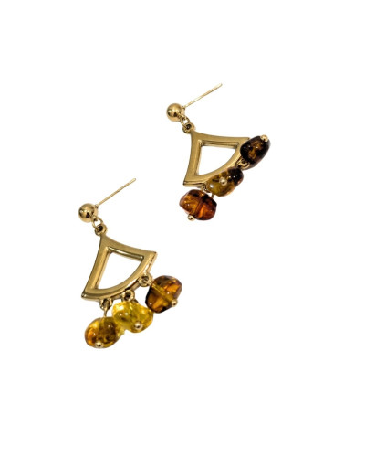 Boucles d'oreilles femme pendant acier doré et pampilles marrons