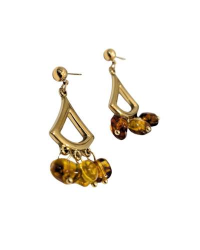 Boucles d'oreilles femme pendant acier doré et pampilles marrons