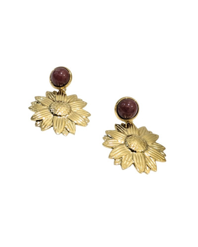 Boucles d'oreilles femme acier puce bordeaux et fleur dorée