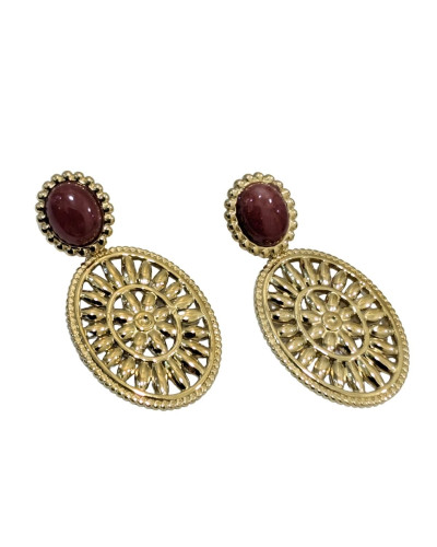 Boucles d'oreilles femme acier puce bordeaux ovale doré à motifs