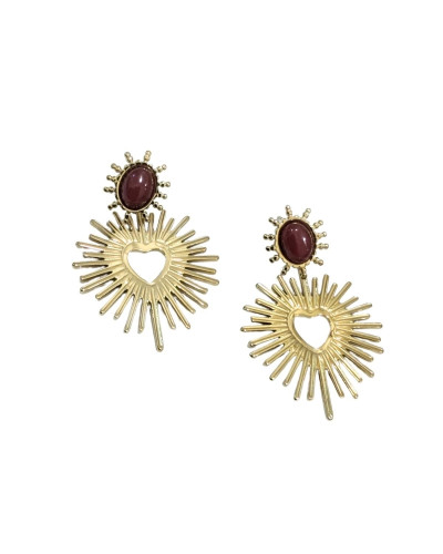 Boucles d'oreilles femme acier doré puce bordeaux coeur rayons