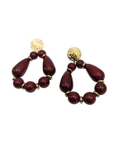 Boucles d'oreilles femme acier doré et bordeaux Galaad
