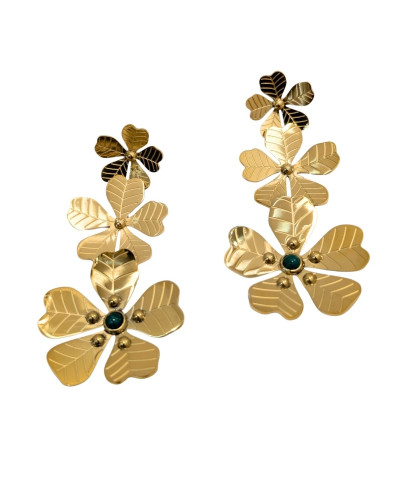 Boucles d'oreilles femme acier doré fleurettes pierre verte