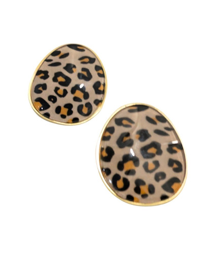 Boucles d'oreilles femme acier doré galet léopard