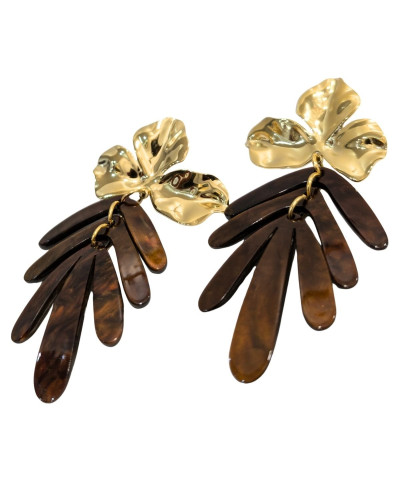 Boucles d'oreilles femme acier doré feuilles en résine marron