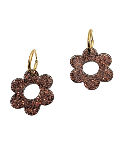 Boucles d'oreilles femme acier fleur résine marron
