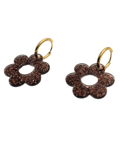 Boucles d'oreilles femme acier fleur résine marron