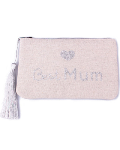 Petite pochette LOL beige pailletée Best Mum argent et pompon