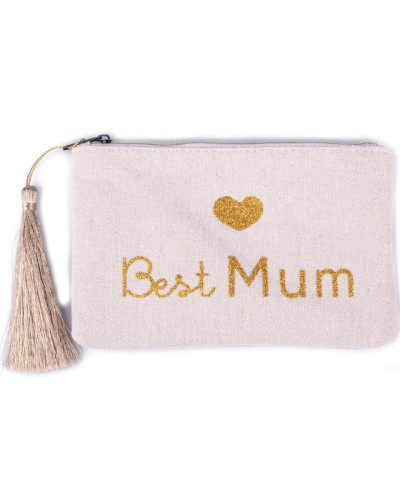 Petite pochette LOL beige pailletée Best Mum dorée et pompon