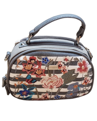 Sac à main David Jones gris à rayures et fleurs brodées