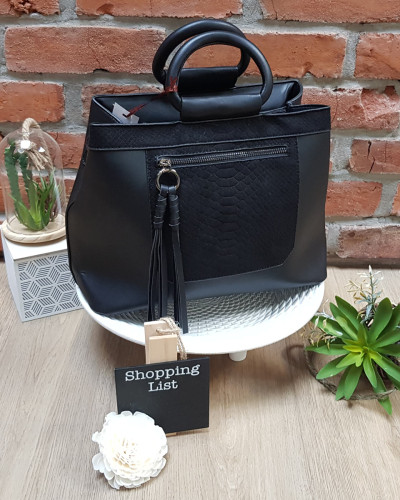 Sac à main noir suédine croco et pompon Crocilia