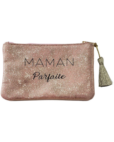 Petite pochette rose pailletée 11.5 X 17.3 cm Maman Parfaite et pompon