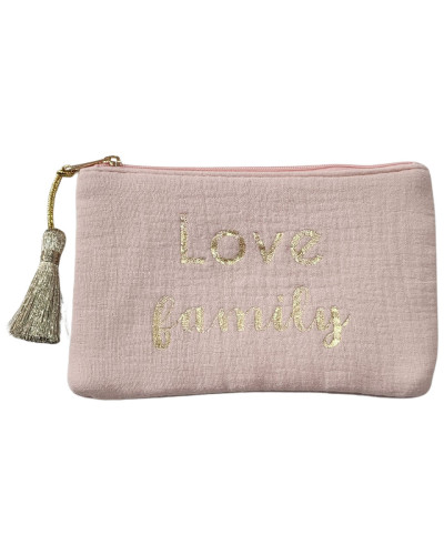 Pochette rose poudré 10.5 X 16.5 cm Love family et pompon-Or