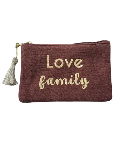 Pochette marron 10.5 X 17 cm Love family et pompon-Or