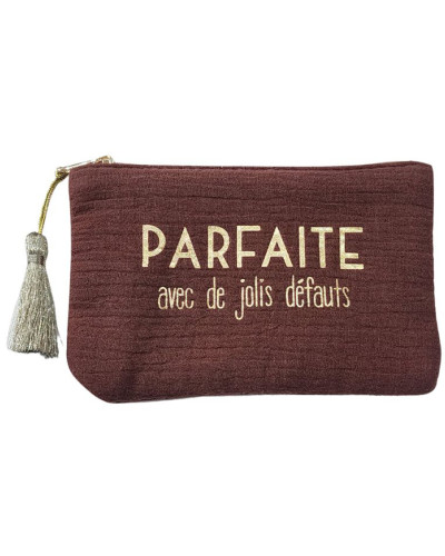 Petite pochette marron 11.5 X 17.3 cm PARFAITE avec de jolis défauts or et pompon