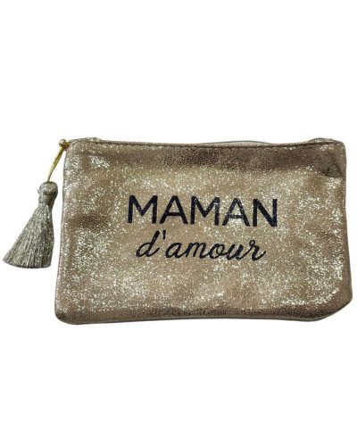 Petite pochette or pailletée 11.5 X 17.3 cm maman d'amour noir et pompon