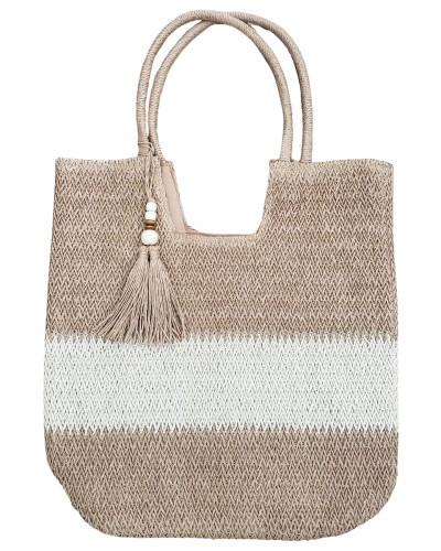 Sac cabas paille tressée camel et beige Ginny